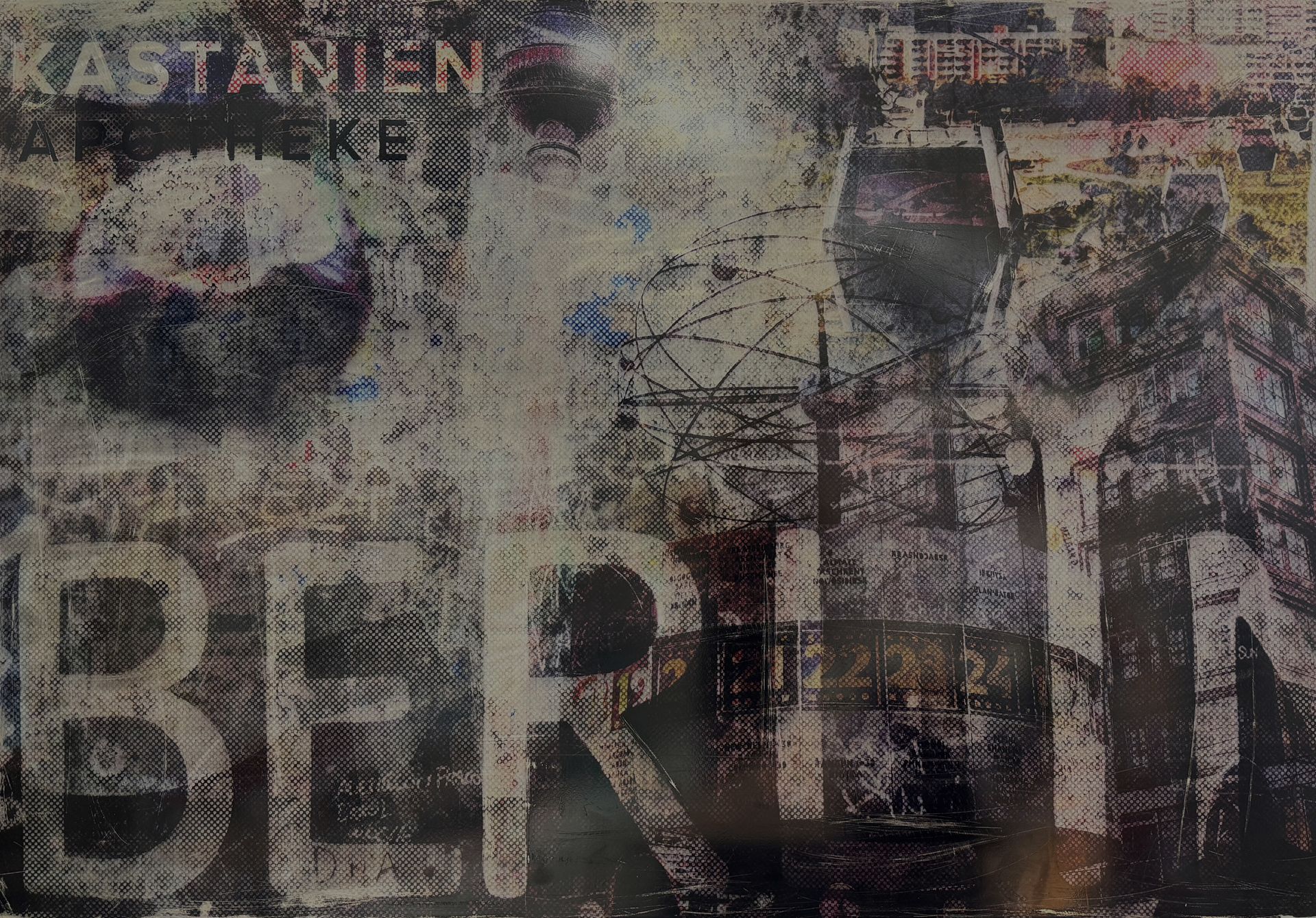 Eine strukturierte Collage mit den Worten Kastanien Apotheke und Berlin vor dem Hintergrund abstrakter Stadtbilder und farbenfroher Stadt-Highlights